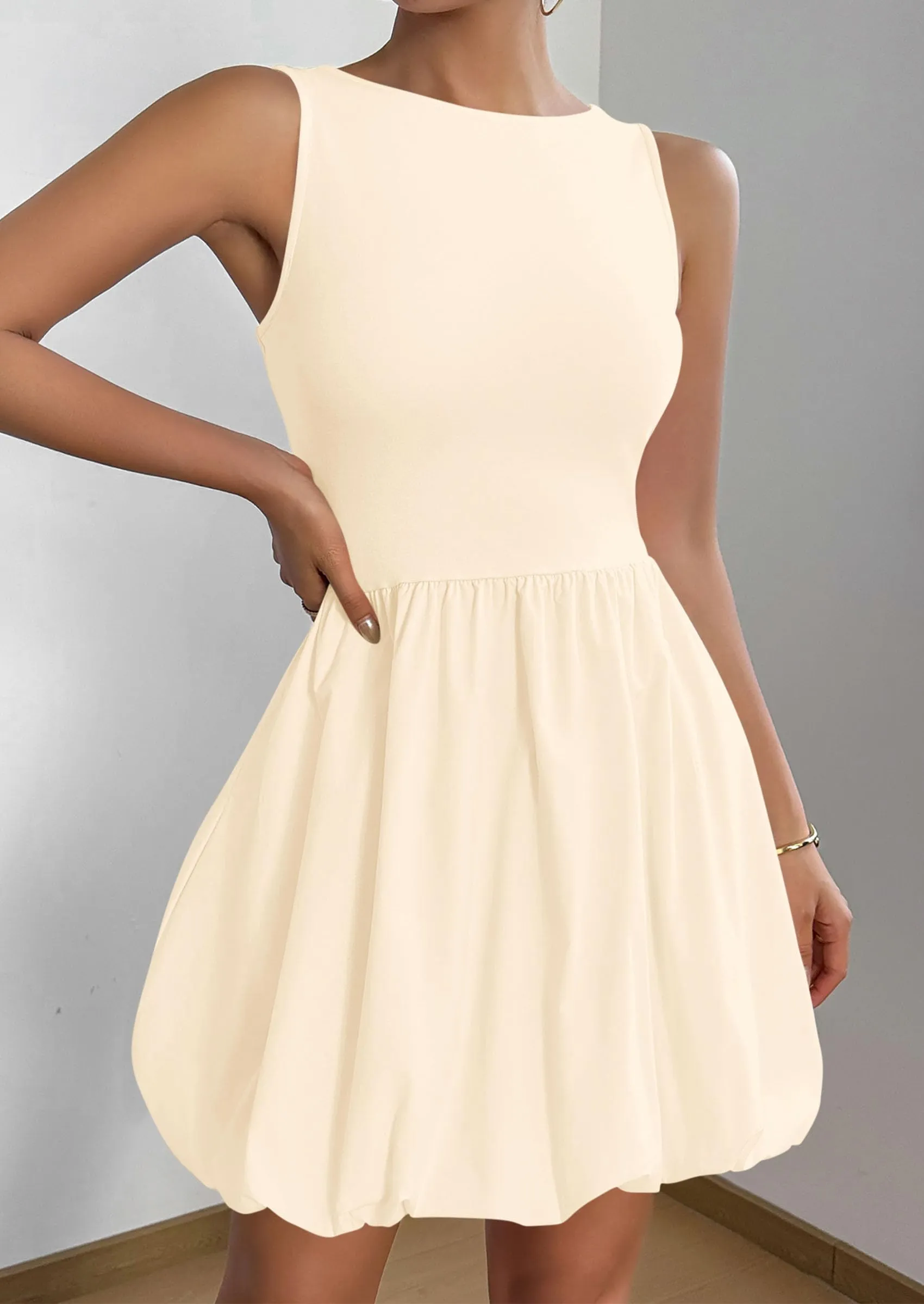 Casual Motorcycle Riding Shoes Casual Sleeveless Tank Mini Short Dress Crew Neck Bubble Dress with Pockets