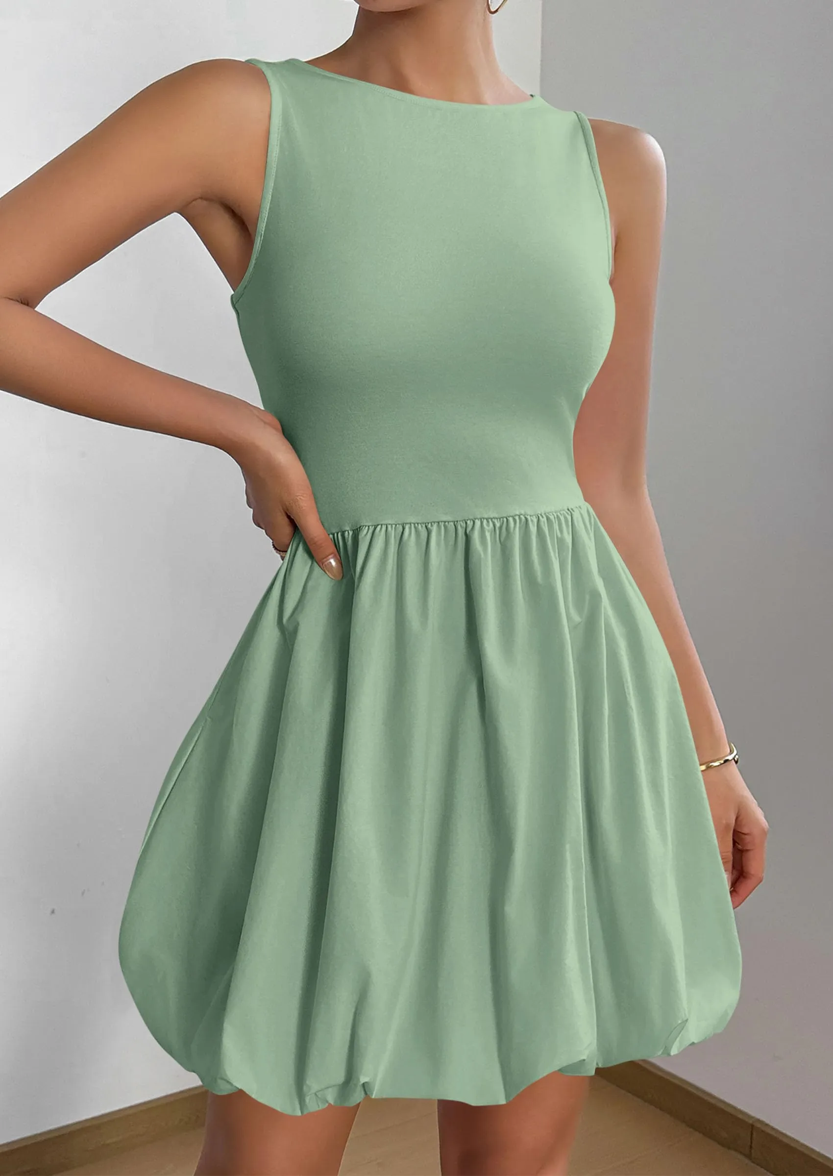 Casual Sleeveless Tank Mini Short Dress Crew Neck Bubble Dress with Pockets On Cloud Casual Shoe