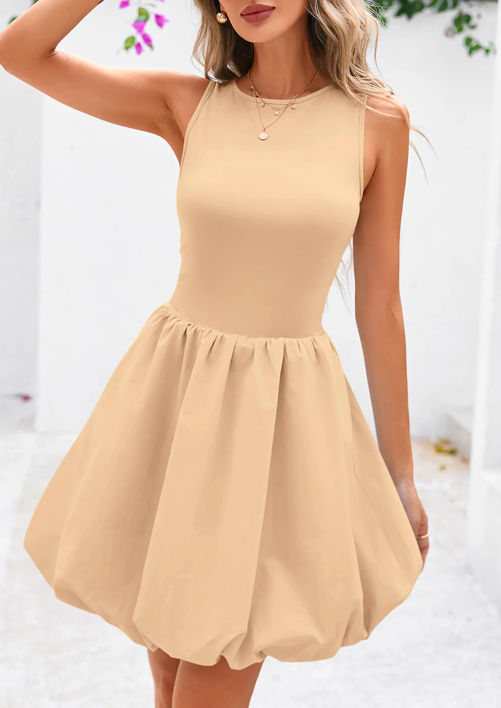 Casual Sleeveless Tank Mini Short Dress Crew Neck Bubble Dress with Pockets Cas