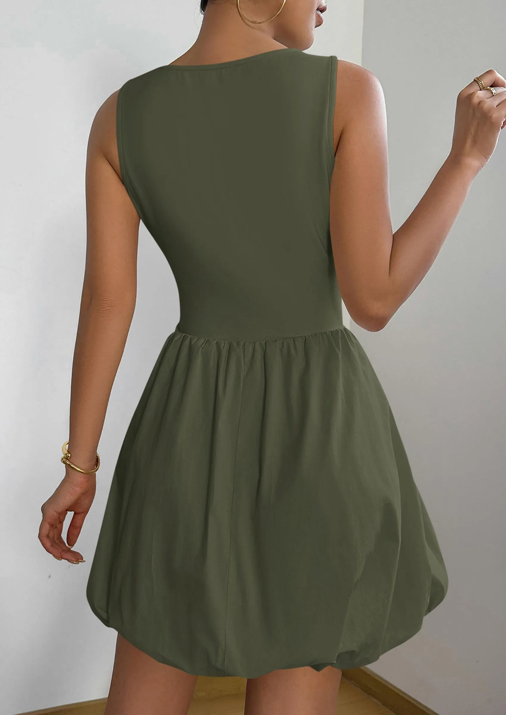 Casual Sleeveless Tank Mini Short Dress Crew Neck Bubble Dress with Pockets Casual Slip On