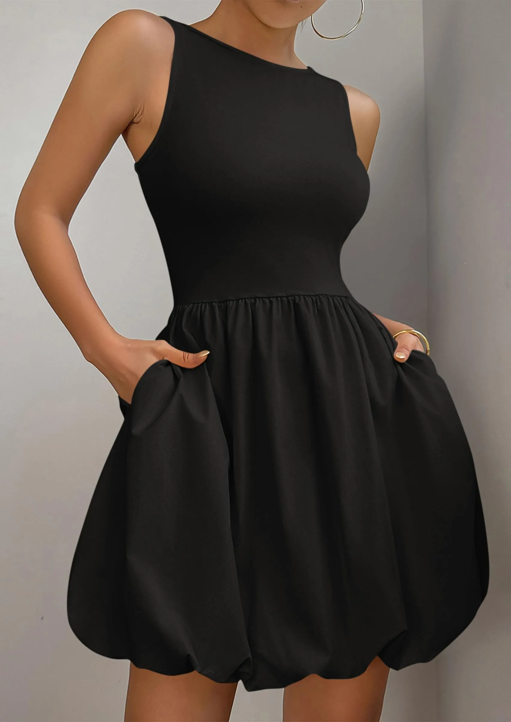 Earth Casual Shoes Casual Sleeveless Tank Mini Short Dress Crew Neck Bubble Dress with Pockets