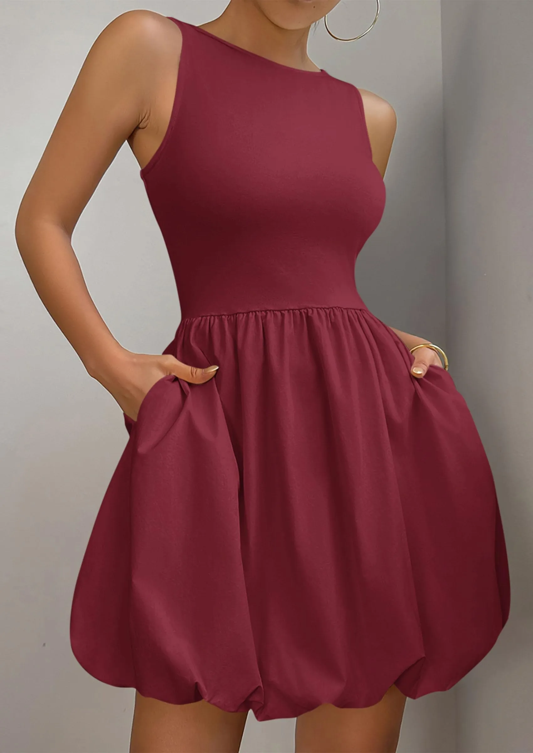 Casual Sleeveless Tank Mini Short Dress Crew Neck Bubble Dress with Pockets