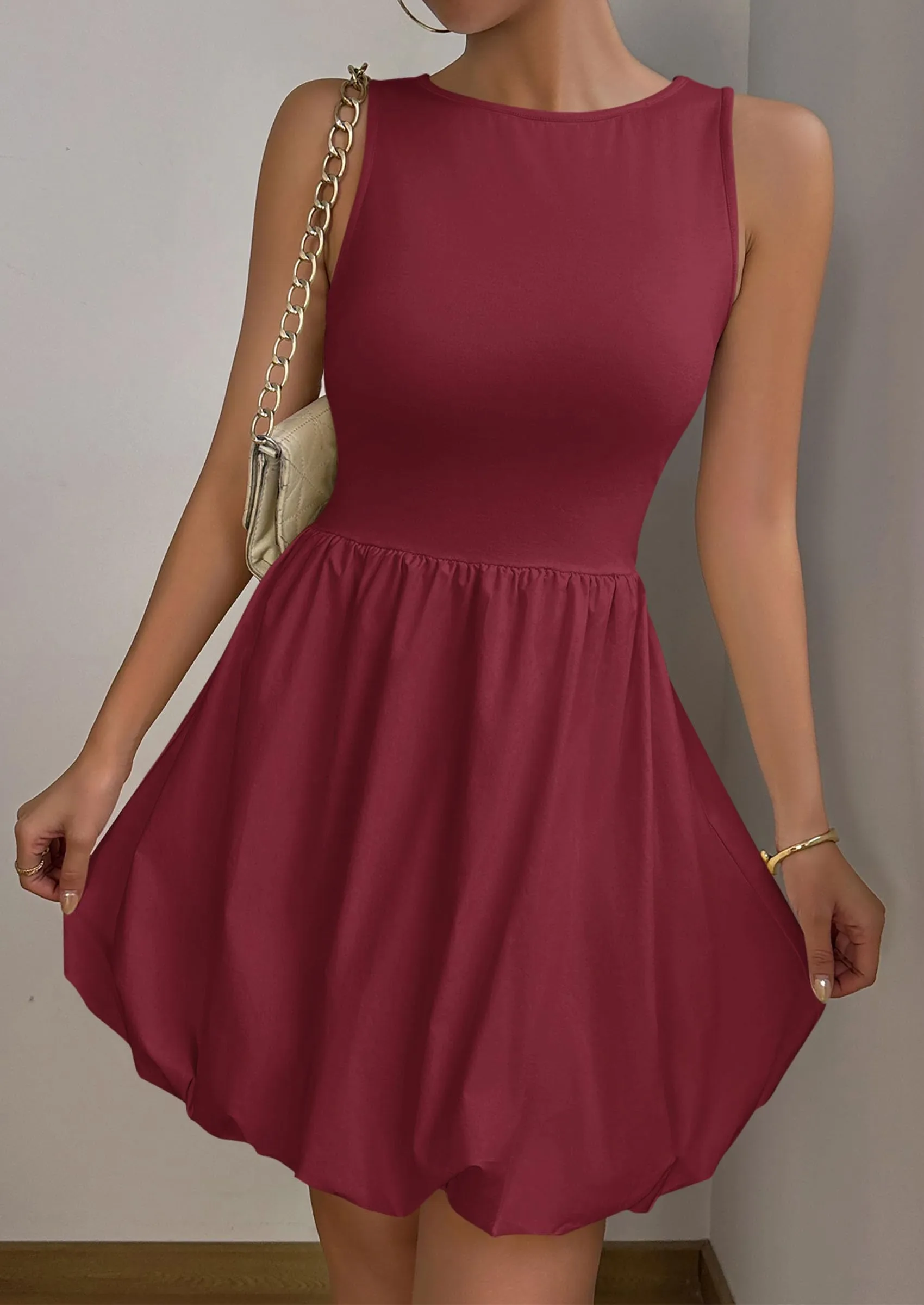 Casual Sleeveless Tank Mini Short Dress Crew Neck Bubble Dress with Pockets