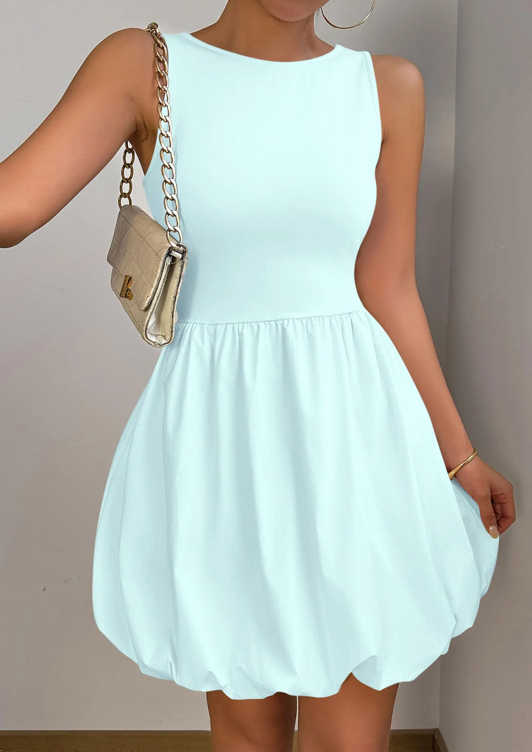 Casual Sleeveless Tank Mini Short Dress Crew Neck Bubble Dress with Pockets Slip-on Casual Dress Shoes