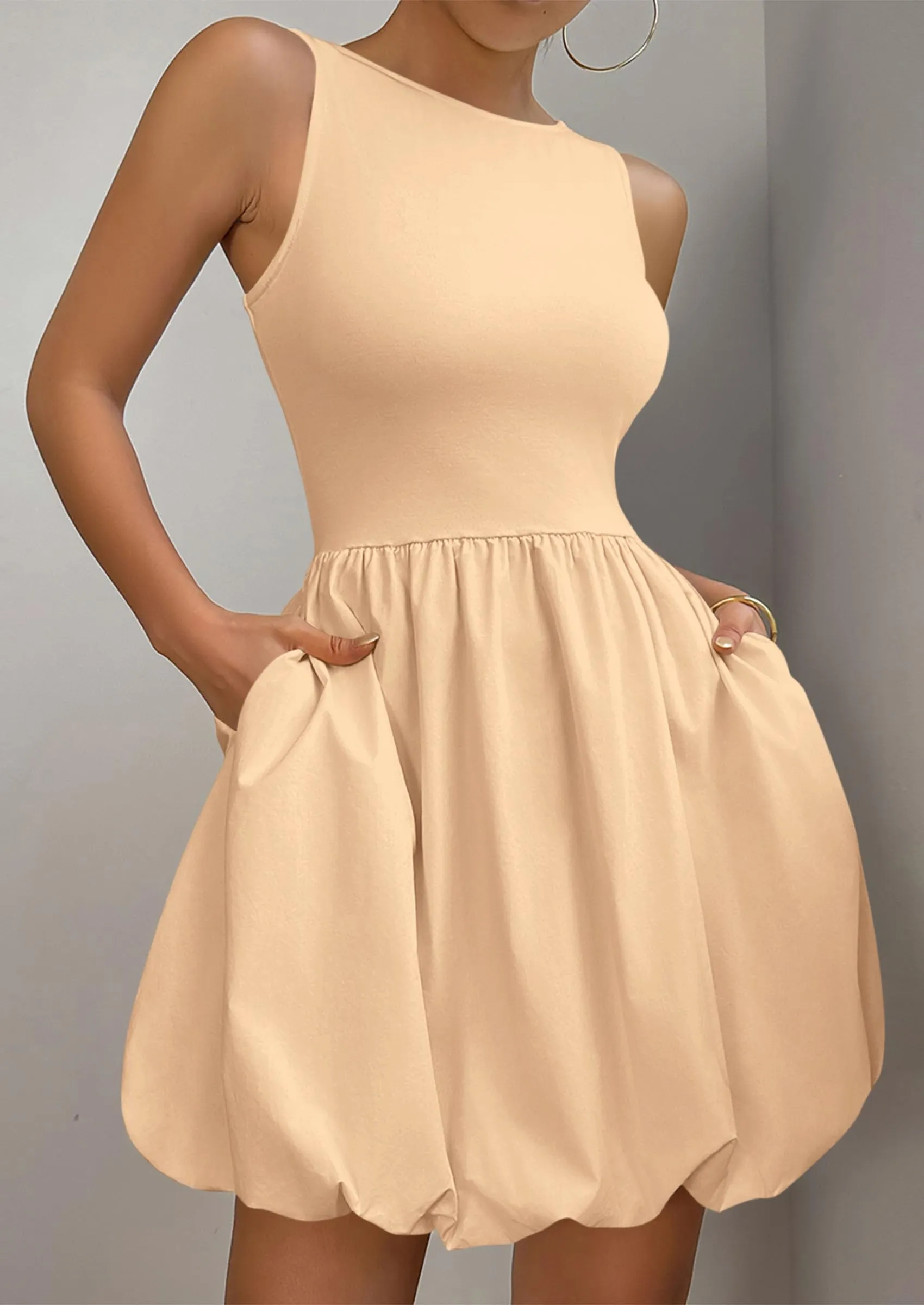 Casual Sleeveless Tank Mini Short Dress Crew Neck Bubble Dress with Pockets