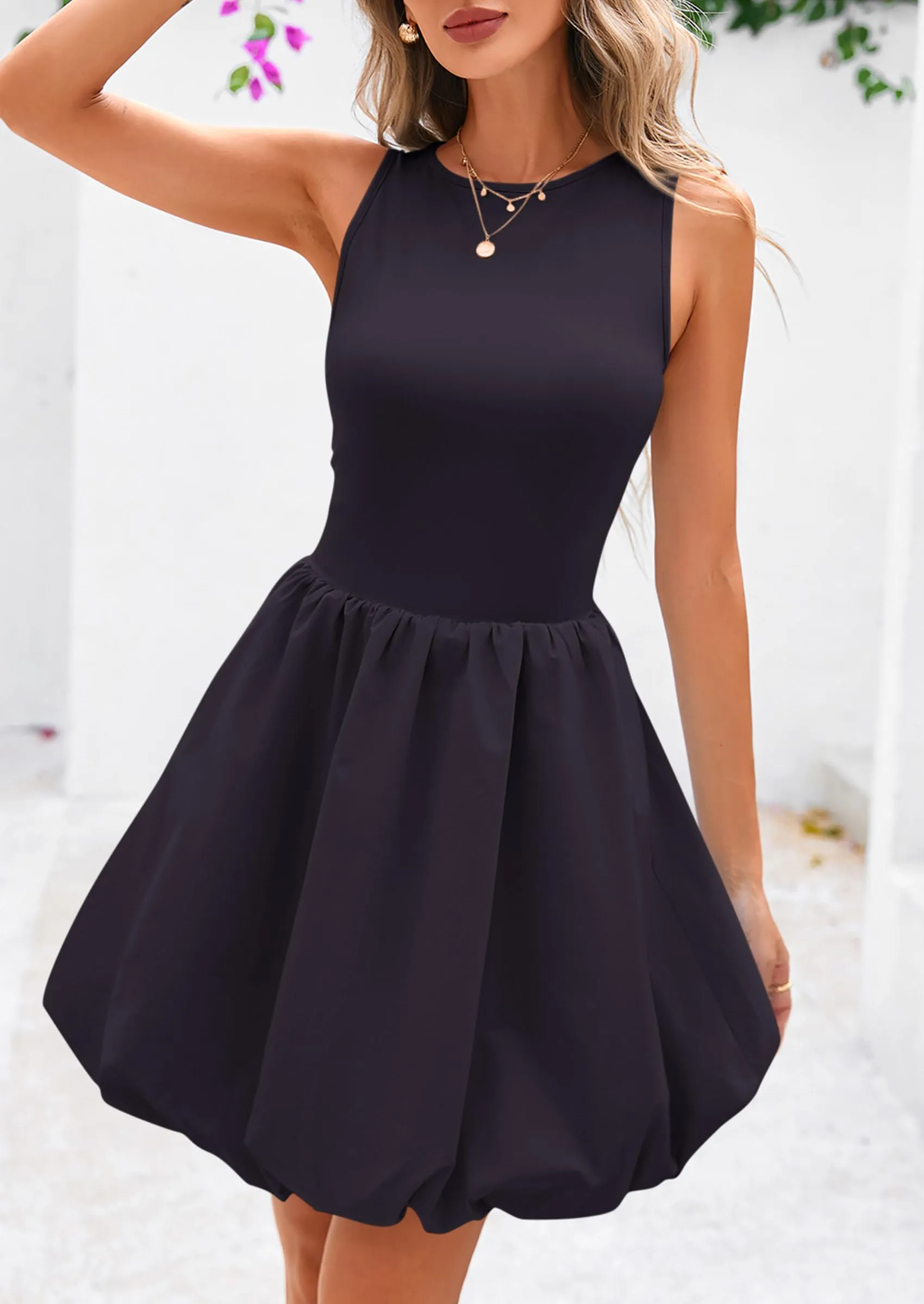 Casual Sleeveless Tank Mini Short Dress Crew Neck Bubble Dress with Pockets