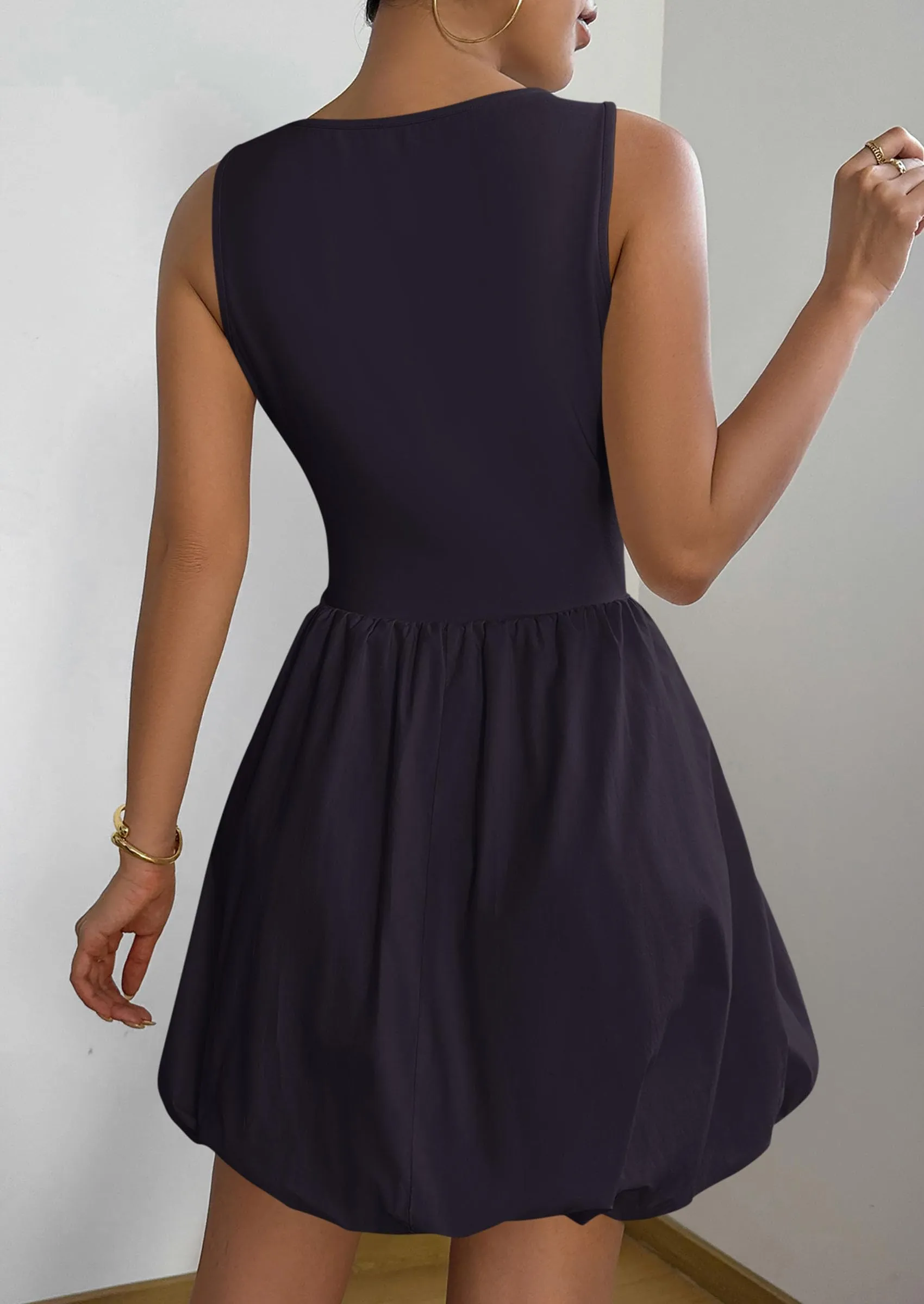 Casual Sleeveless Tank Mini Short Dress Crew Neck Bubble Dress with Pockets