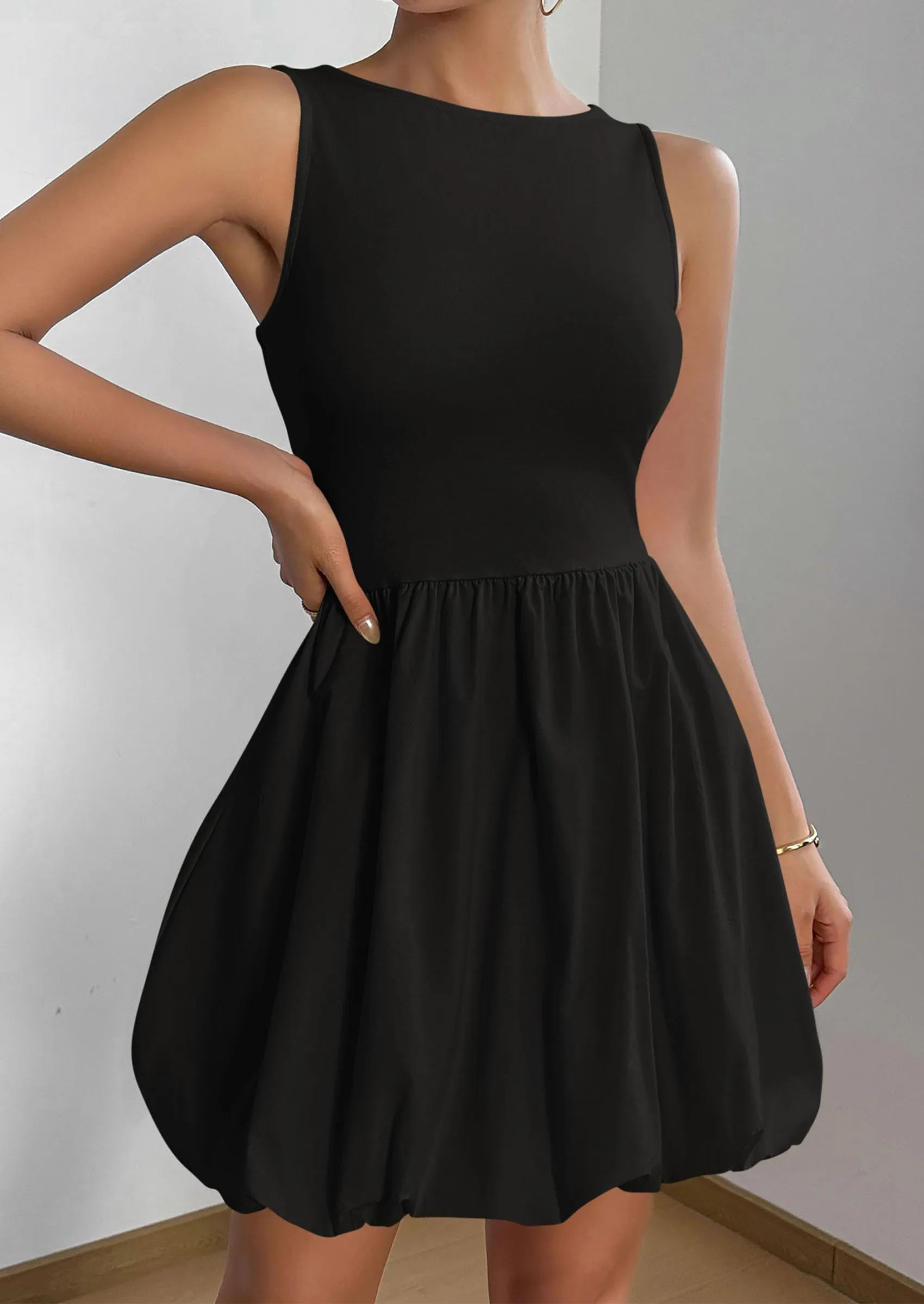 Columbus Casual Shoes Casual Sleeveless Tank Mini Short Dress Crew Neck Bubble Dress with Pockets