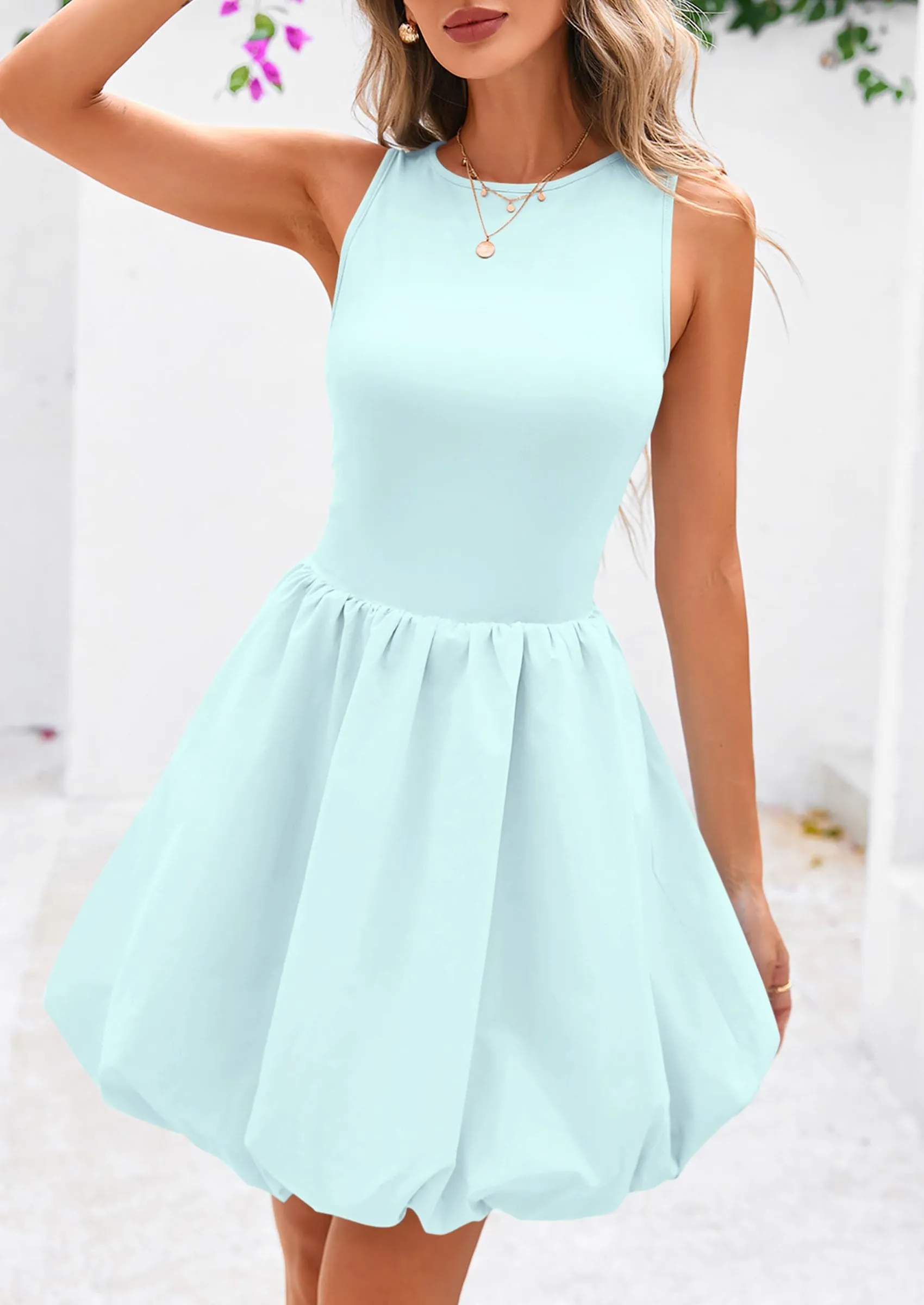 Casual Sleeveless Tank Mini Short Dress Crew Neck Bubble Dress with Pockets Casual But Classy Shoes