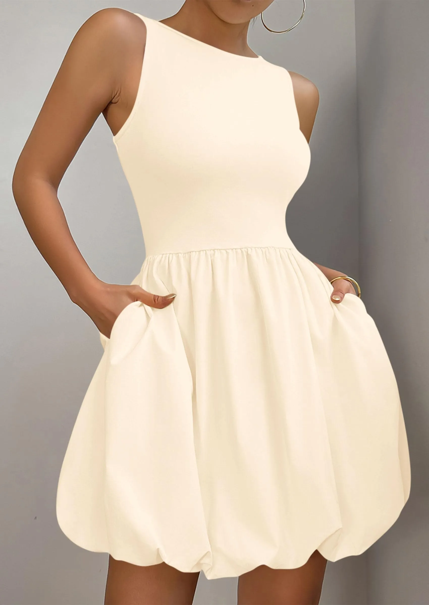 Work Shoes Casual Casual Sleeveless Tank Mini Short Dress Crew Neck Bubble Dress with Pockets