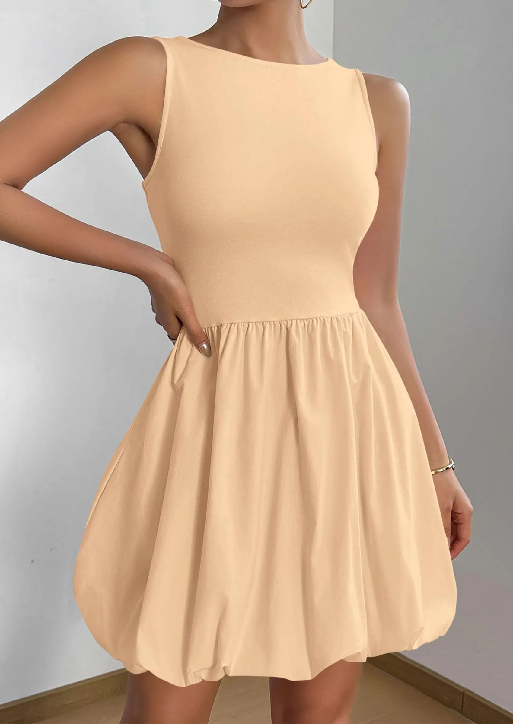 Casual Sleeveless Tank Mini Short Dress Crew Neck Bubble Dress with Pockets