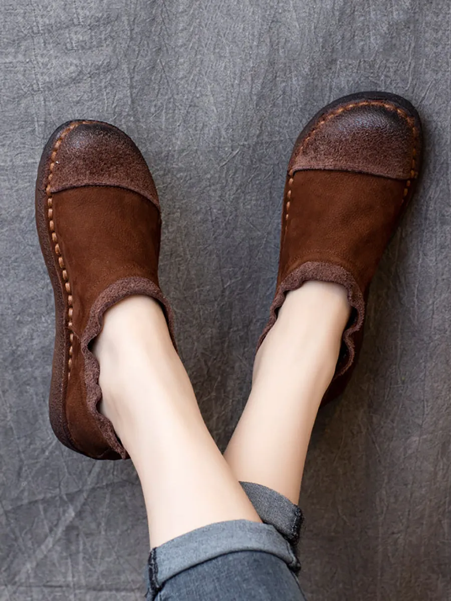 Portable Flats Shoes Women Retro Pure Color Leather Flat Shoes