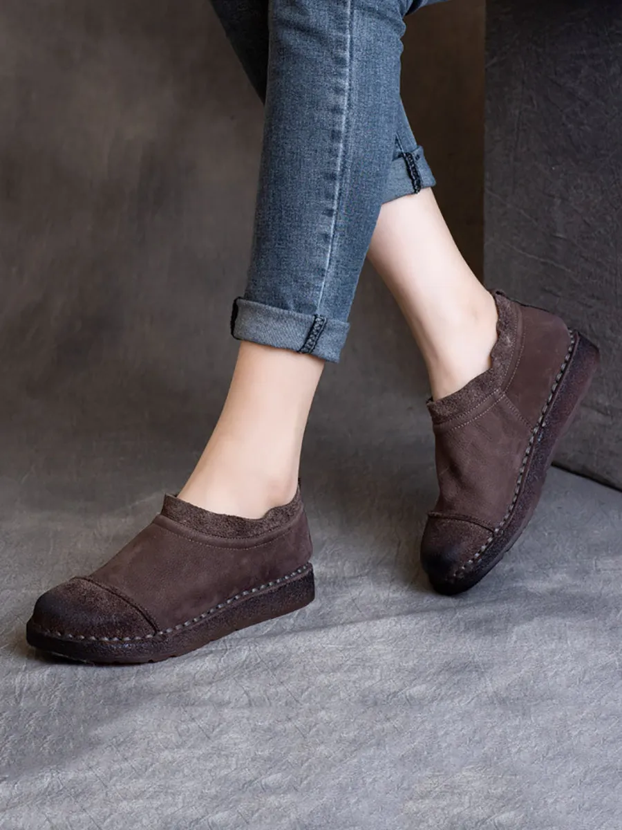 Flat Shoes Squatting Women Retro Pure Color Leather Flat Shoes