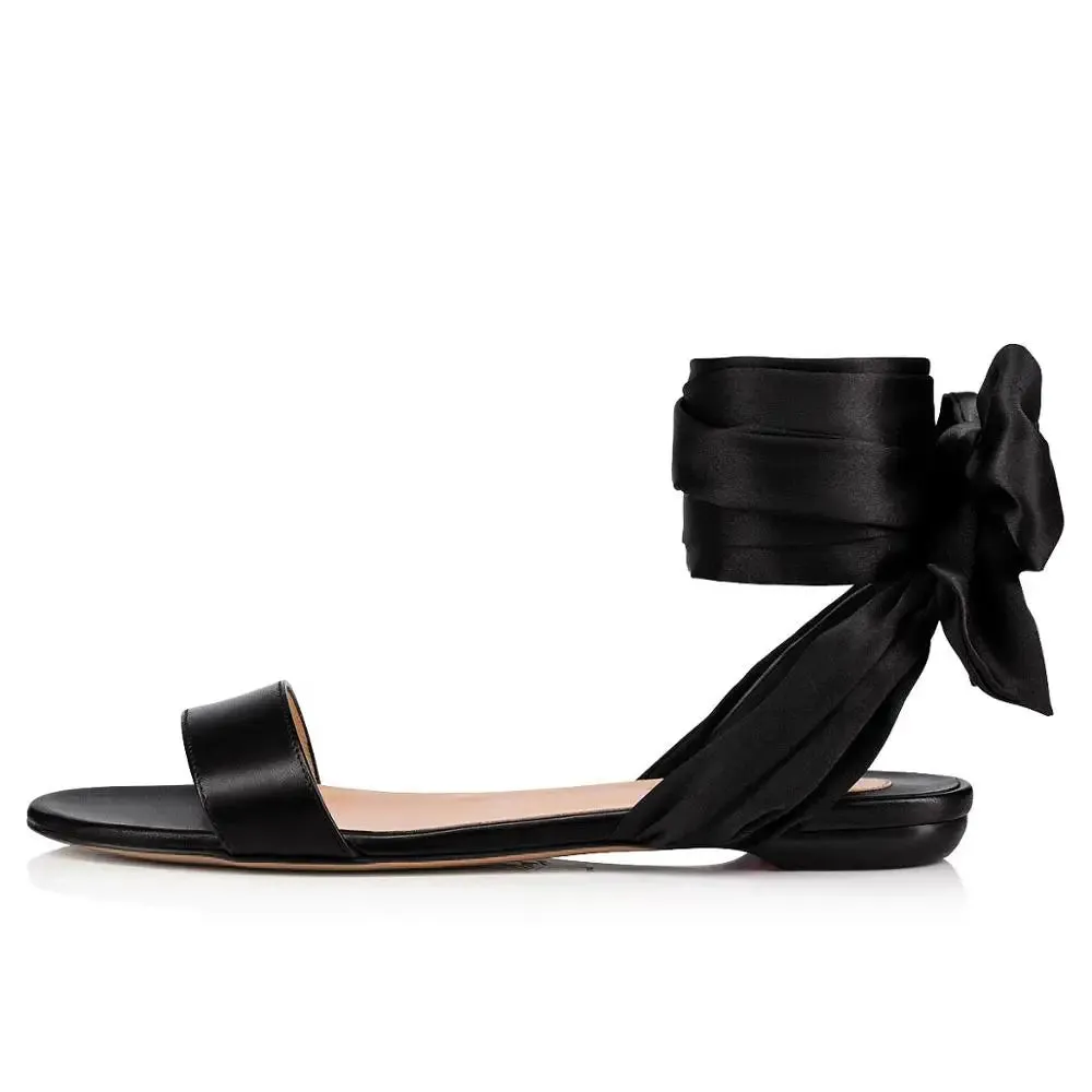 Trend4us Women's Elegant Satin Bow Ankle Wrap Flat Sandals Suede Flats Shoes