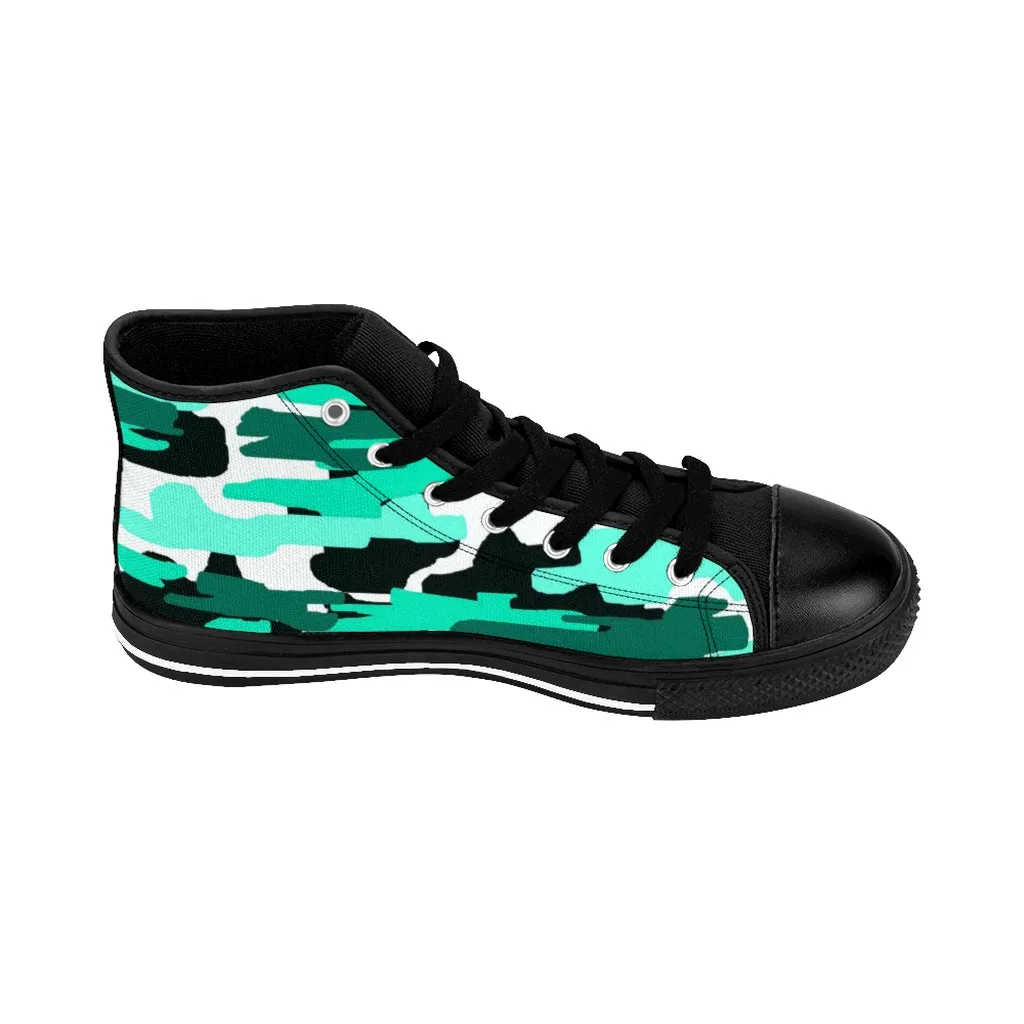 Styles Of Boots Blue Camo Men's High-top Sneakers, Camoflage Print Men's Designer Tennis Running Shoes