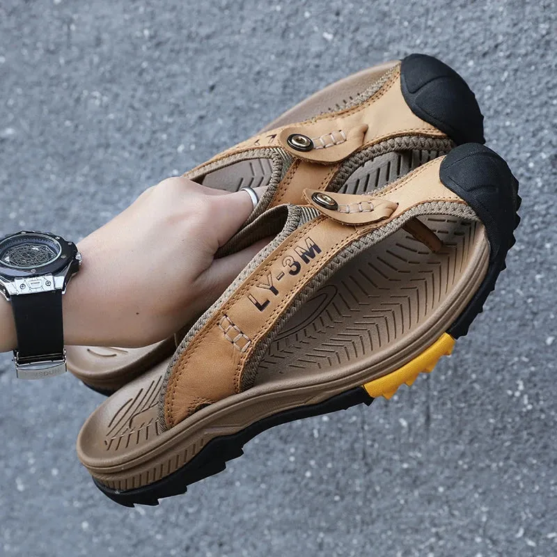 Custom Logo Slippers Genuine Cow Leather Shoes Men Sandals Mens Flip Flops Men's Casual Shoes Classic Massage Beach Slippers Anti-slip Summer 2021