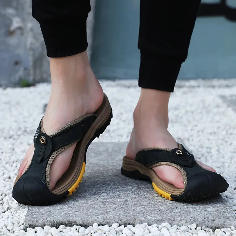 Genuine Cow Leather Shoes Men Sandals Mens Flip Flops Men's Casual Shoes Classic Massage Beach Slippers Anti-slip Summer 2021 Slippers Logo