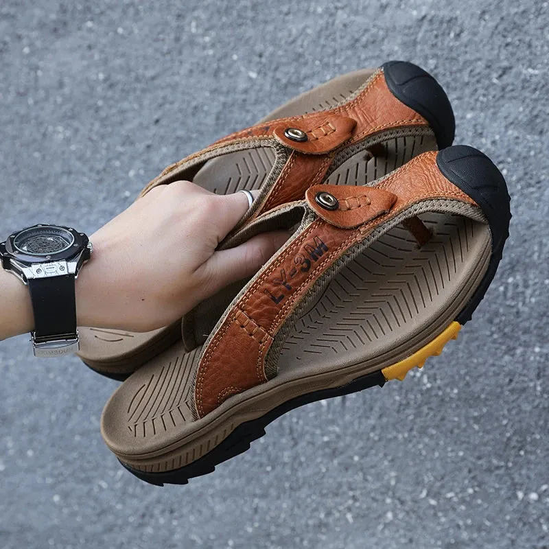 Best Dad Slippers Genuine Cow Leather Shoes Men Sandals Mens Flip Flops Men's Casual Shoes Classic Massage Beach Slippers Anti-slip Summer 2021