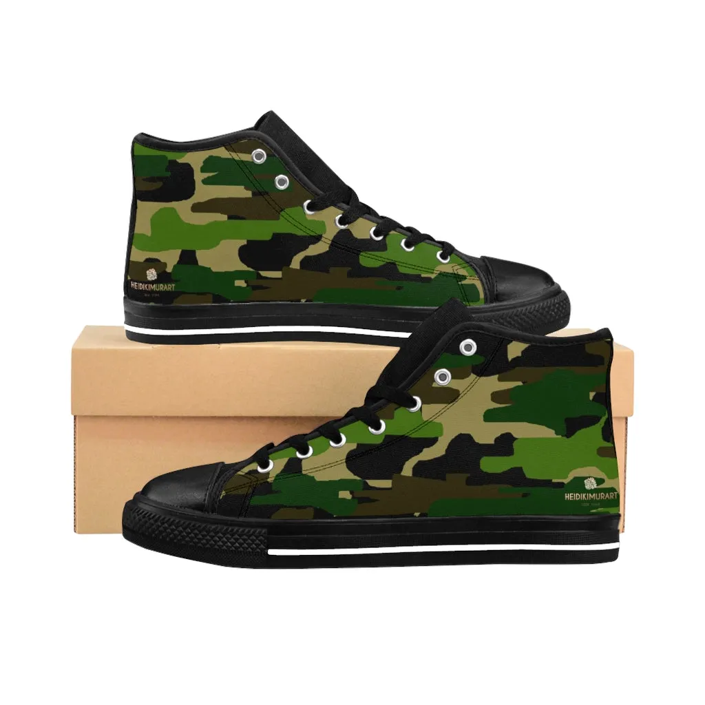Green Camo Men's High-top Sneakers, Camouflage Military Print Men's Designer Tennis Running Shoes Best Socks For Work Boots