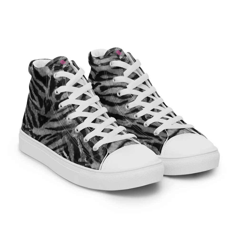 Ostrich Cowboy Boots Grey Tiger Striped Men's Sneakers, Tiger Faux Skin Striped Animal Print Designer High Tops For Men