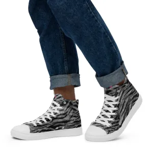 Grey Tiger Striped Men's Sneakers, Tiger Faux Skin Striped Animal Print Designer High Tops For Men Square Toe Boots Mens Black