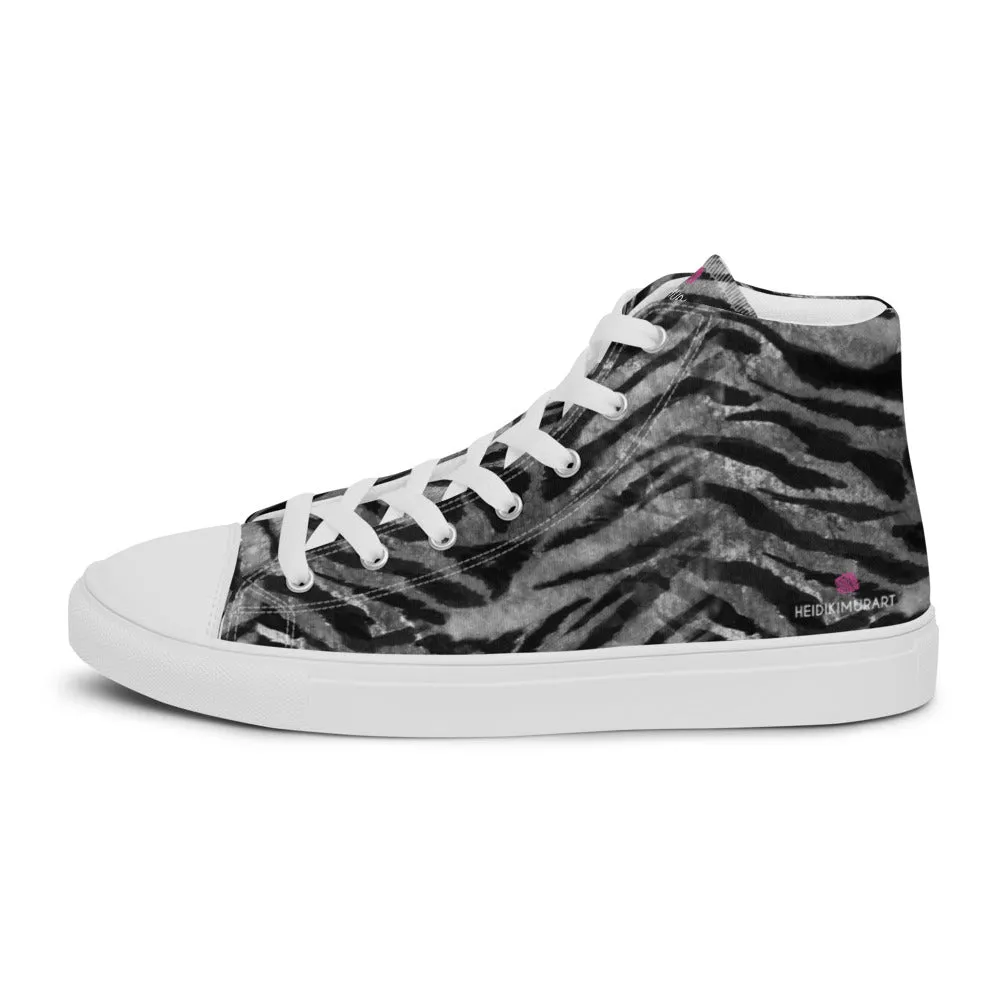 Grey Tiger Striped Men's Sneakers, Tiger Faux Skin Striped Animal Print Designer High Tops For Men Metatarsal Covers For Boots
