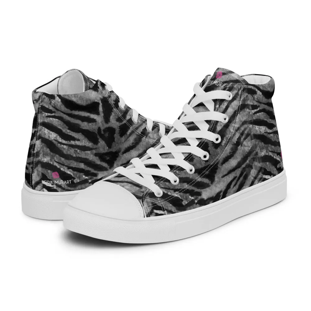 Thigh High Boots With Heel Grey Tiger Striped Men's Sneakers, Tiger Faux Skin Striped Animal Print Designer High Tops For Men