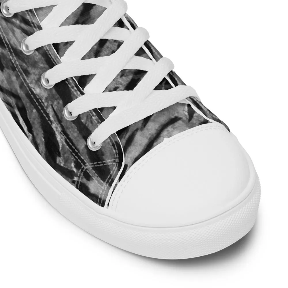 Rain Boots For Cheap Grey Tiger Striped Men's Sneakers, Tiger Faux Skin Striped Animal Print Designer High Tops For Men