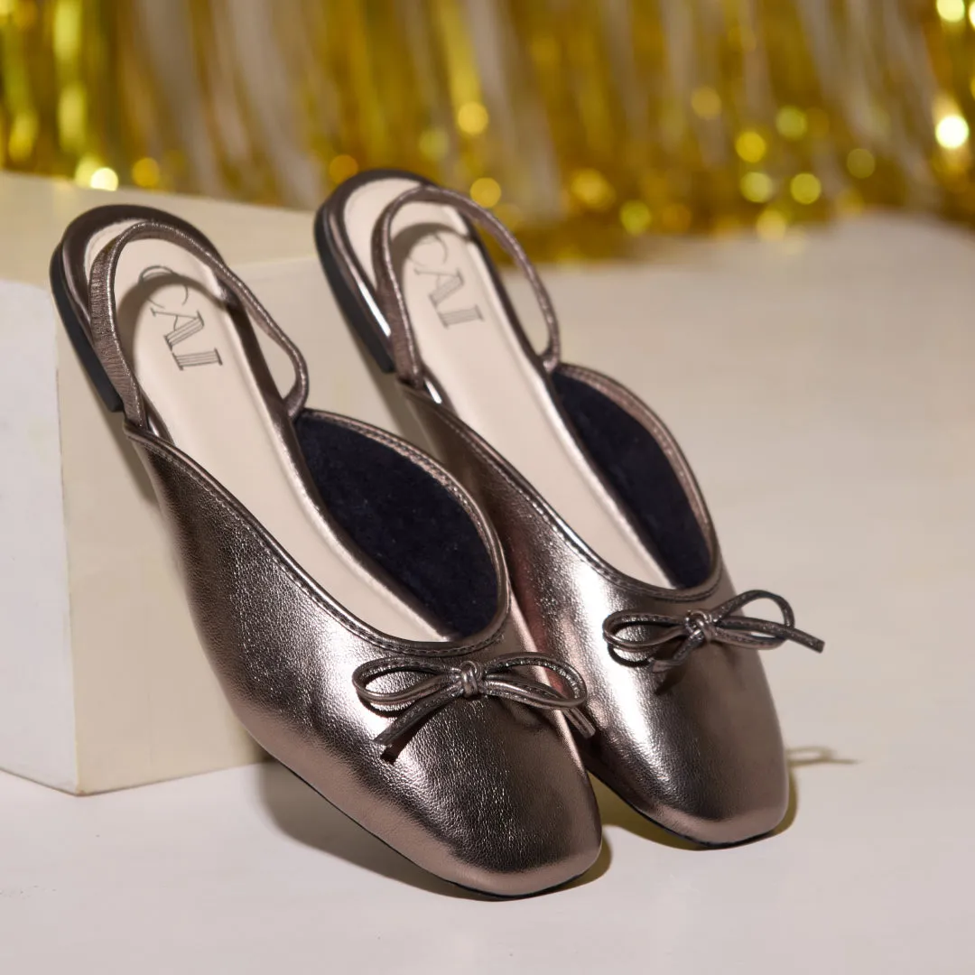 Gunmetal Bow Ballet Flats Ladies Leather Flat Shoes
