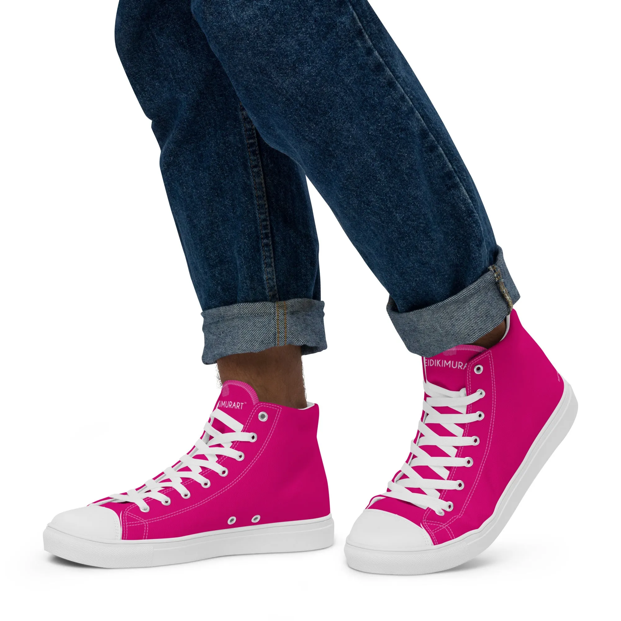 Hot Pink Men's High Tops, Solid Hot Pink Color Mens High Top Sneakers Canvas Tennis Shoes With White Laces and Faux Leather Toe Caps (US Size: 5-13) Zebra Boots