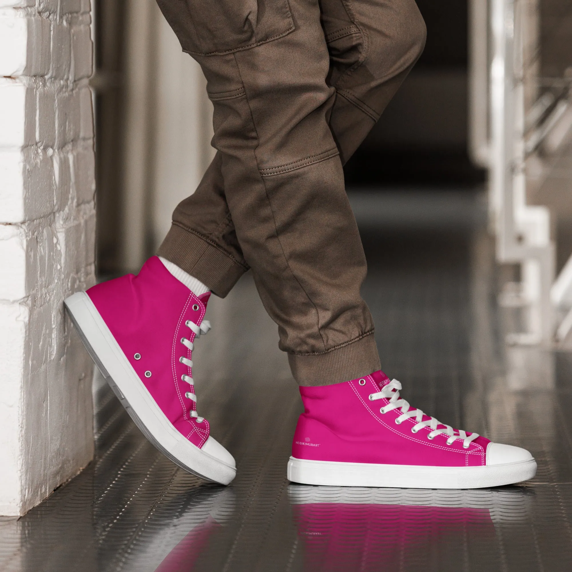 Hot Pink Men's High Tops, Solid Hot Pink Color Mens High Top Sneakers Canvas Tennis Shoes With White Laces and Faux Leather Toe Caps (US Size: 5-13) Frey Boots