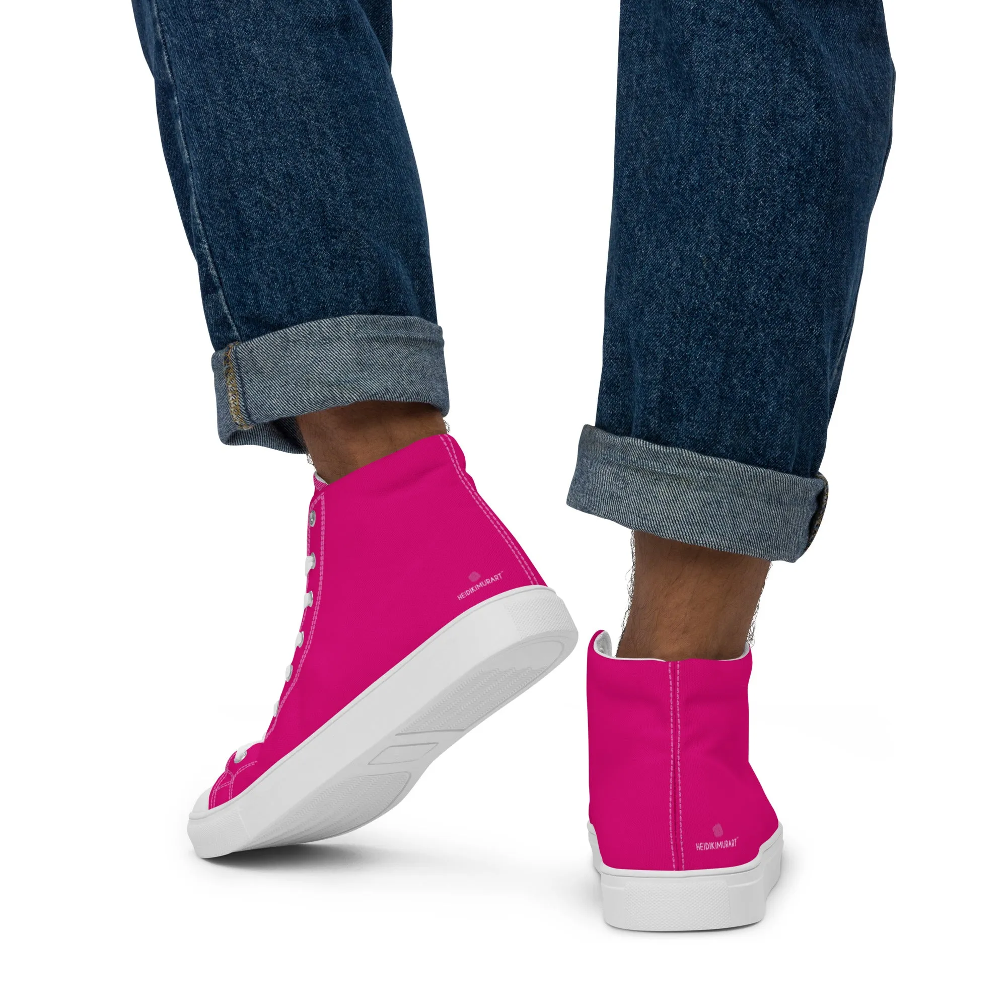 Hot Pink Men's High Tops, Solid Hot Pink Color Mens High Top Sneakers Canvas Tennis Shoes With White Laces and Faux Leather Toe Caps (US Size: 5-13) High Knee Boots Dress
