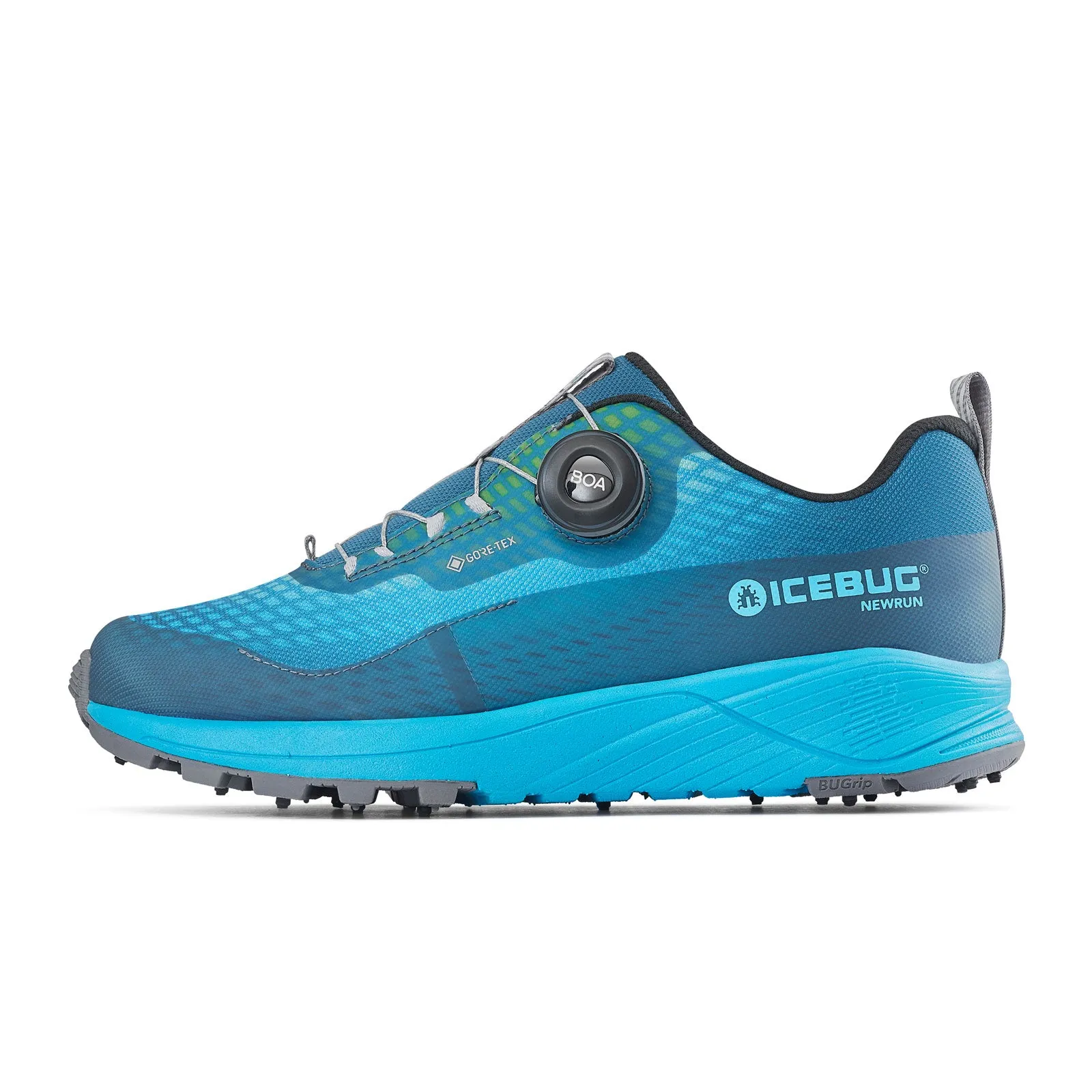 Icebug NewRun BUGrip GTX Running Shoe (Women) - Mist Blue/Aqua with Studs Waterproof Shoe Spray Suede