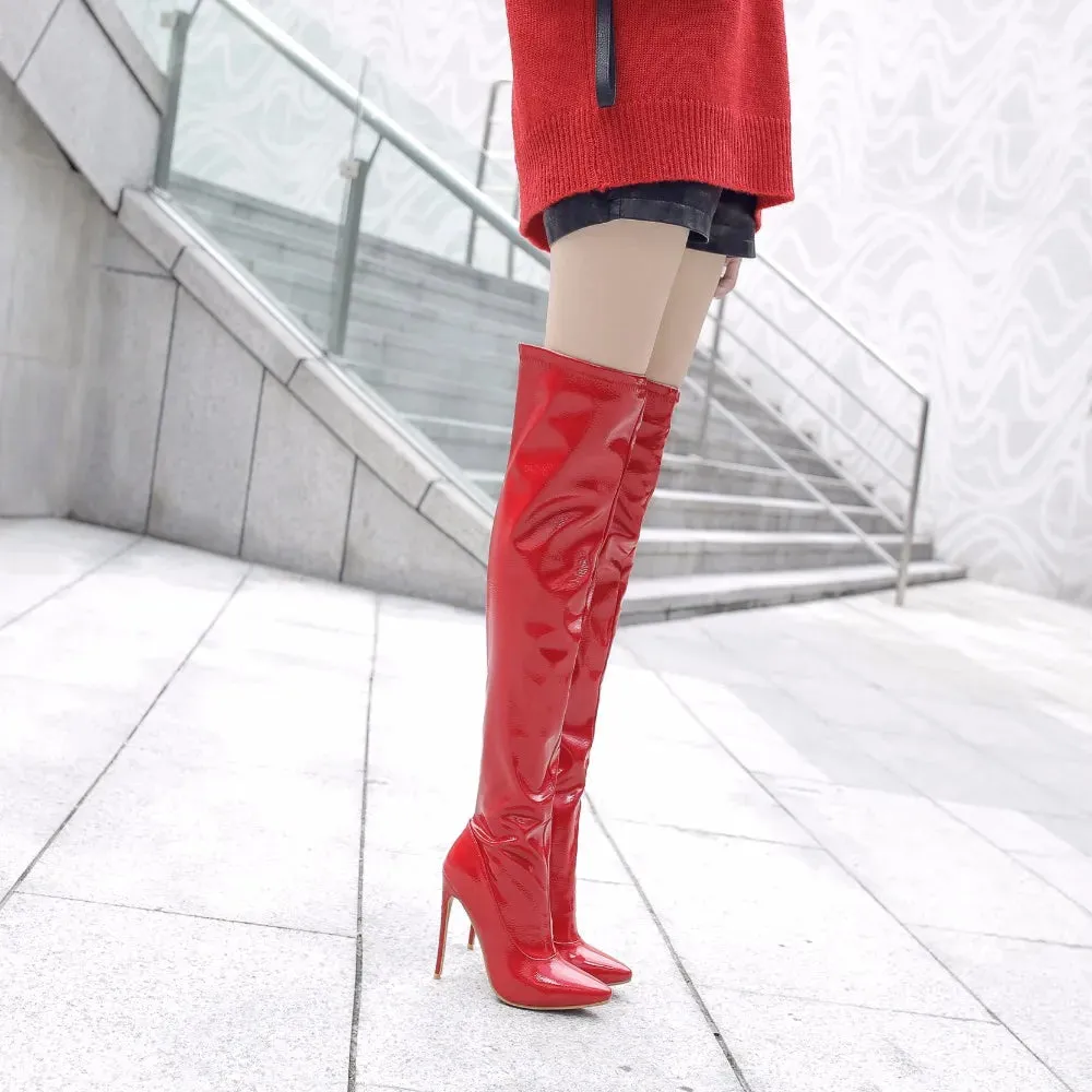 Waterproof Stability Running Shoes Nightclub Elegance: Red Heel Thigh-High Boots for Crossdressers - Elastic and Sexy in Large Size 45