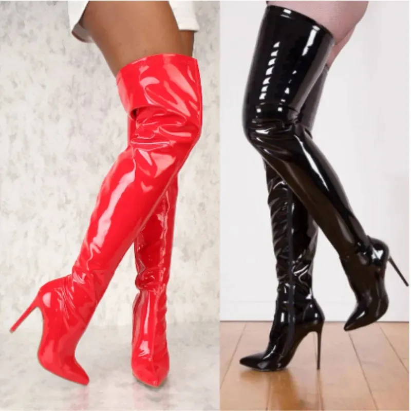 Nightclub Elegance: Red Heel Thigh-High Boots for Crossdressers - Elastic and Sexy in Large Size 45 Waterproof Shoe Glue