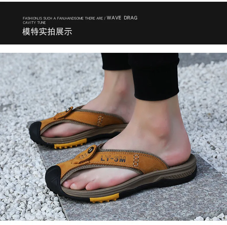 Jinquedai Genuine Cow Leather Shoes Men Sandals Mens Flip Flops Men's Casual Shoes Classic Massage Beach Slippers Anti-slip Summer Washable Slippers