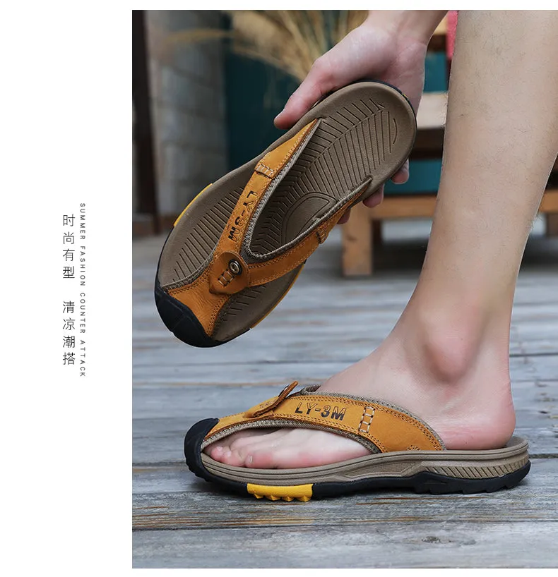 Jinquedai Genuine Cow Leather Shoes Men Sandals Mens Flip Flops Men's Casual Shoes Classic Massage Beach Slippers Anti-slip Summer Large Slippers