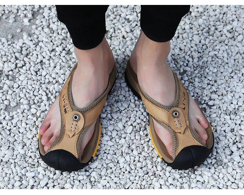 Black And Gold Slide Sandals Jinquedai Genuine Cow Leather Shoes Men Sandals Mens Flip Flops Men's Casual Shoes Classic Massage Beach Slippers Anti-slip Summer