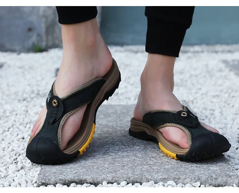 Slippers Flat Feet Jinquedai Genuine Cow Leather Shoes Men Sandals Mens Flip Flops Men's Casual Shoes Classic Massage Beach Slippers Anti-slip Summer