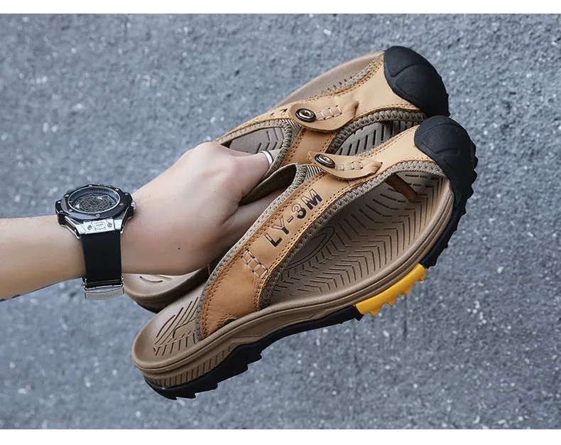 Fuzzy Sandals Slippers Jinquedai Genuine Cow Leather Shoes Men Sandals Mens Flip Flops Men's Casual Shoes Classic Massage Beach Slippers Anti-slip Summer