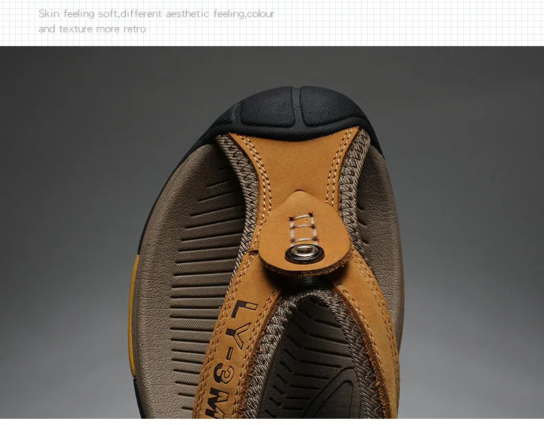 Jinquedai Genuine Cow Leather Shoes Men Sandals Mens Flip Flops Men's Casual Shoes Classic Massage Beach Slippers Anti-slip Summer Bubble Slippers