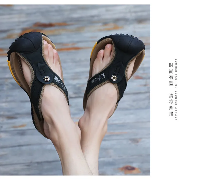 Jinquedai Genuine Cow Leather Shoes Men Sandals Mens Flip Flops Men's Casual Shoes Classic Massage Beach Slippers Anti-slip Summer Steel Cap Slippers