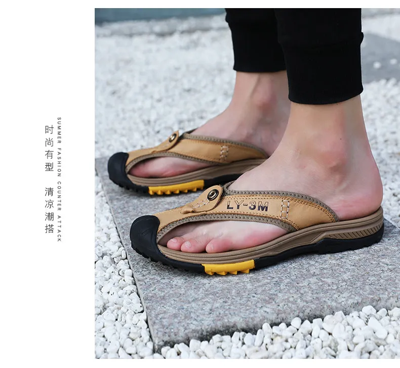 Jinquedai Genuine Cow Leather Shoes Men Sandals Mens Flip Flops Men's Casual Shoes Classic Massage Beach Slippers Anti-slip Summer Burger Slippers