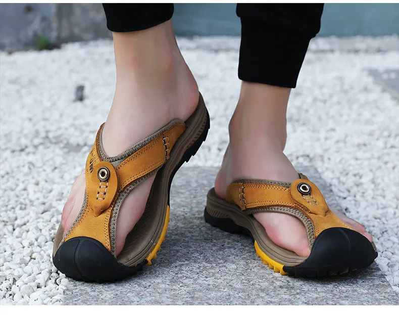 Merrimac Slippers Jinquedai Genuine Cow Leather Shoes Men Sandals Mens Flip Flops Men's Casual Shoes Classic Massage Beach Slippers Anti-slip Summer