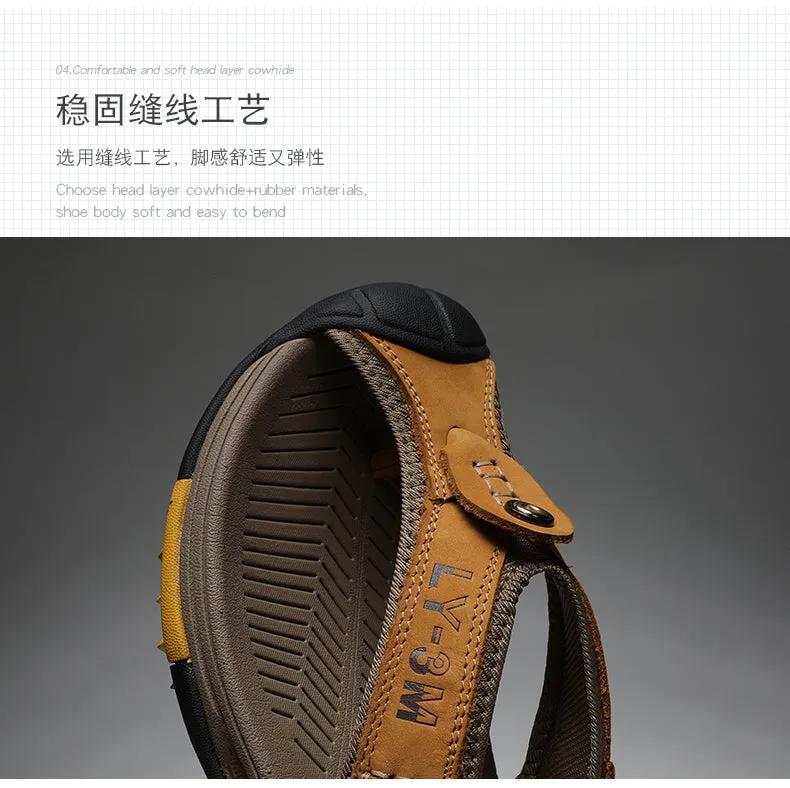 Loki Slippers Jinquedai Genuine Cow Leather Shoes Men Sandals Mens Flip Flops Men's Casual Shoes Classic Massage Beach Slippers Anti-slip Summer