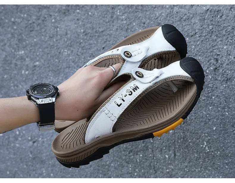 Non Skid Slippers Jinquedai Genuine Cow Leather Shoes Men Sandals Mens Flip Flops Men's Casual Shoes Classic Massage Beach Slippers Anti-slip Summer