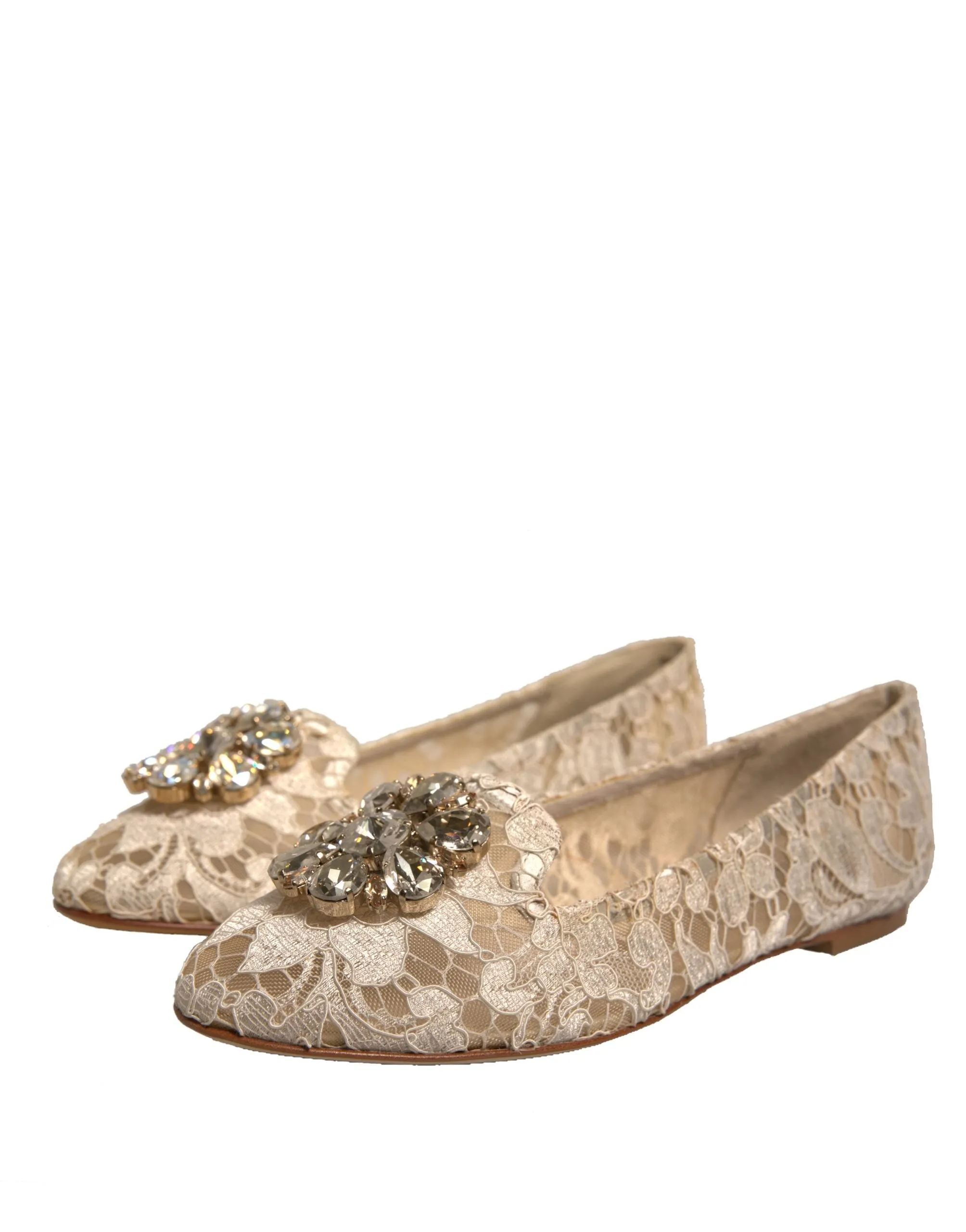 Fold Away Flat Shoes Dolce & Gabbana Beige Crystal Loafer Lace Ballet Flats Shoes
