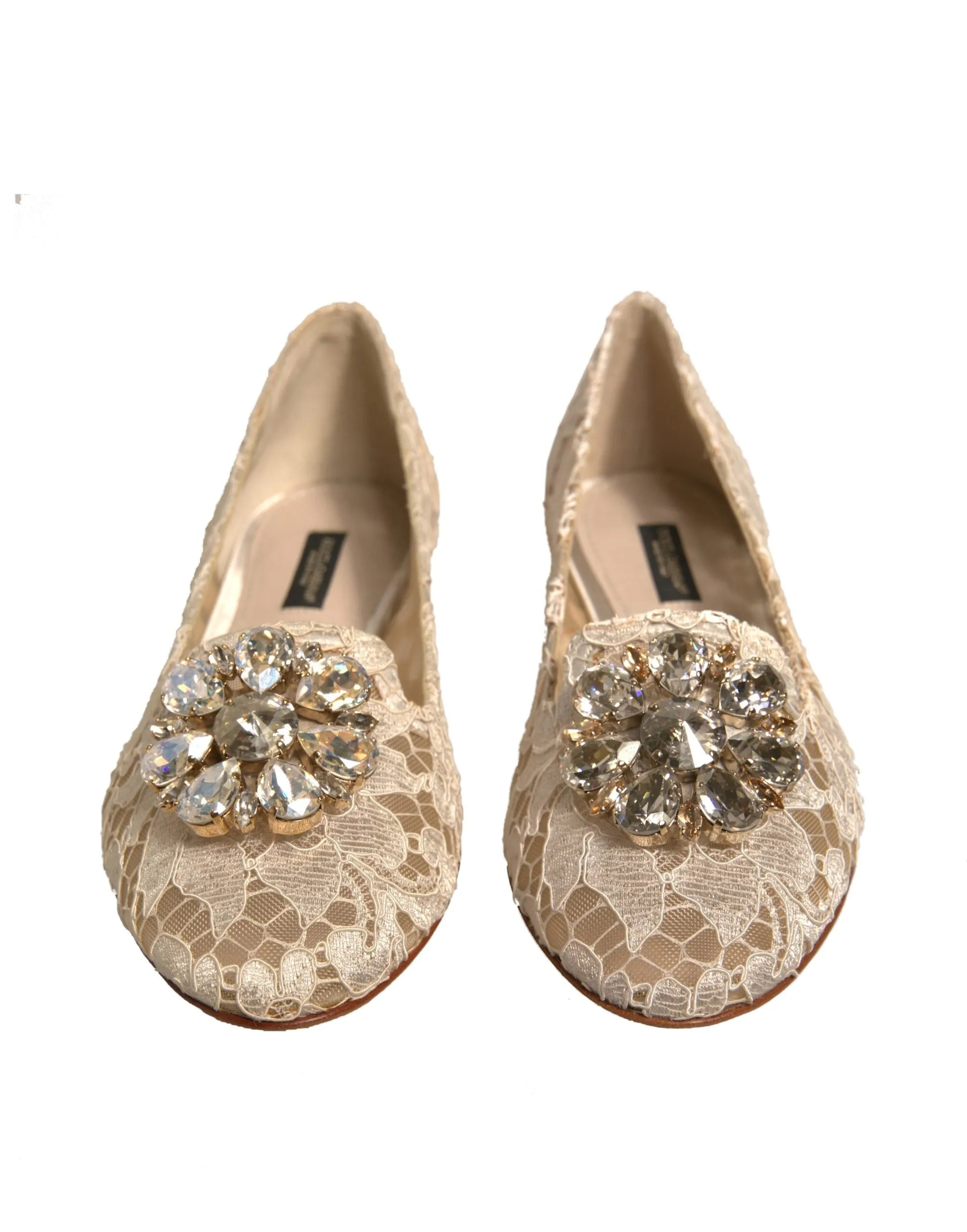 Designer Flat Shoes Wedding Dolce & Gabbana Beige Crystal Loafer Lace Ballet Flats Shoes