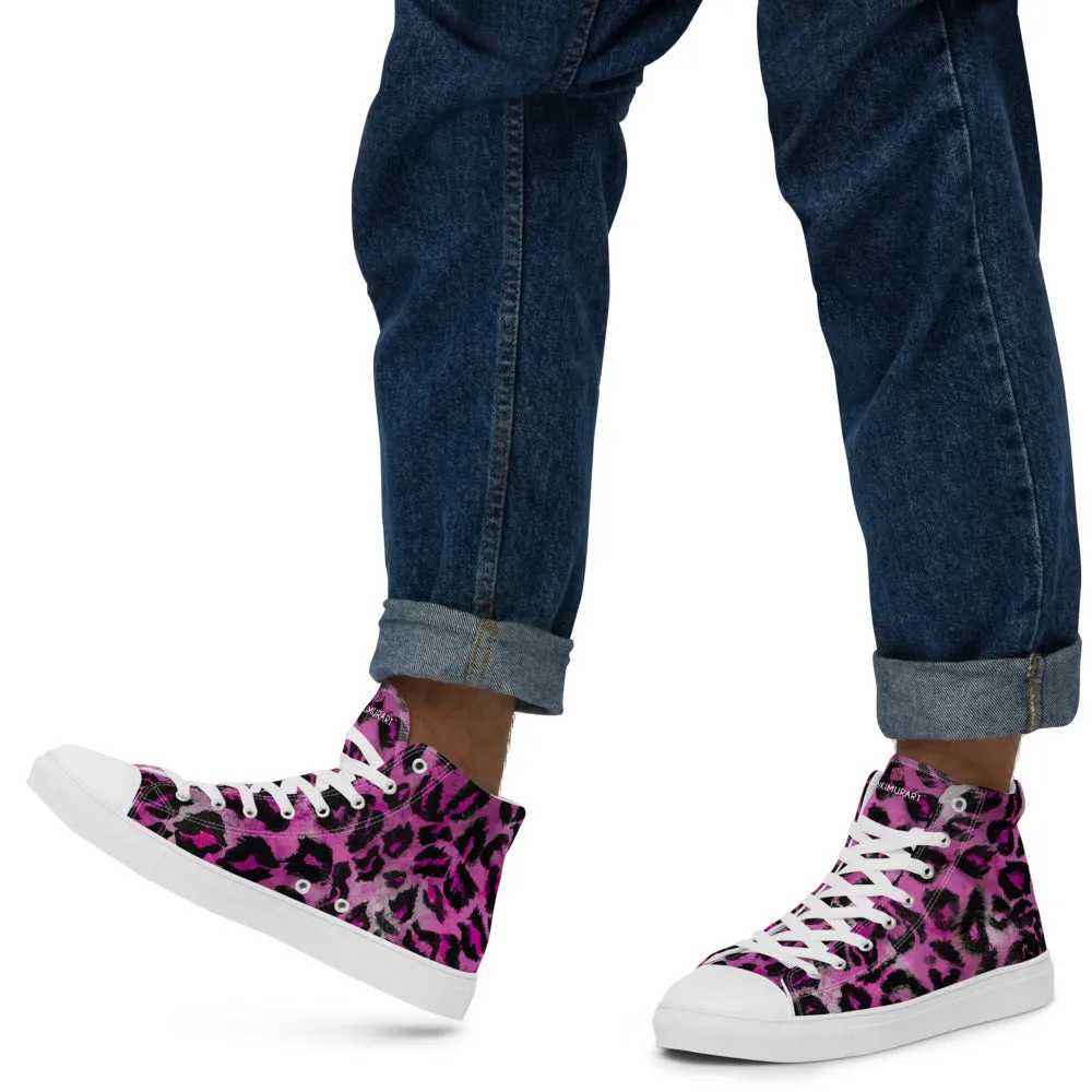 Pink Leopard Men's Sneakers, Animal Print High Top Canvas Stylish Fashion Tennis Shoes For Men Boots For Men Heels