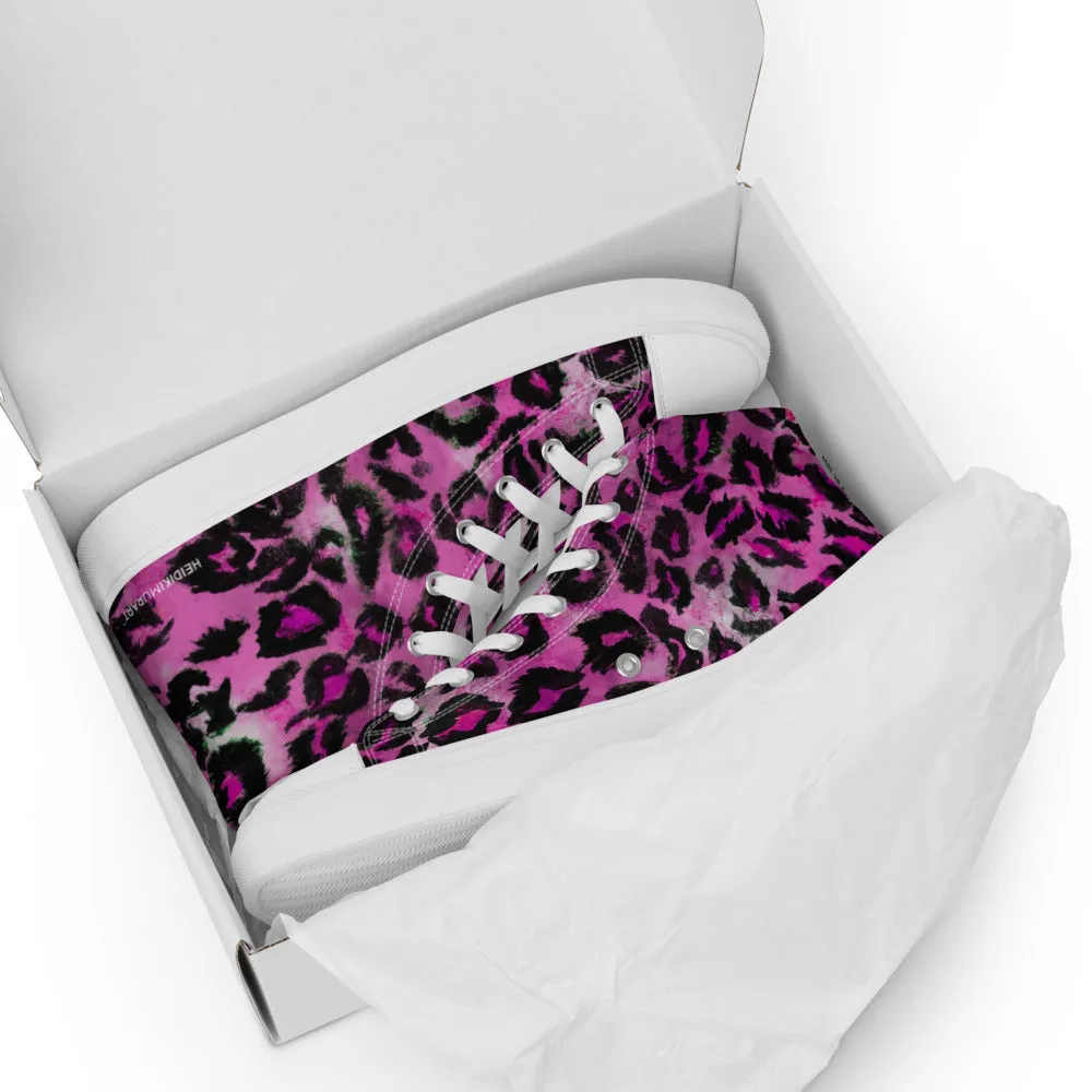 Pink Leopard Men's Sneakers, Animal Print High Top Canvas Stylish Fashion Tennis Shoes For Men Real Fur Boots